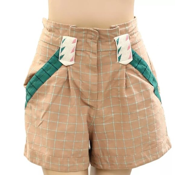Sezane Plaid & Check Embroidered Shorts Pull-On High Waisted Cotton S-36 273572 - Picture 2 of 5